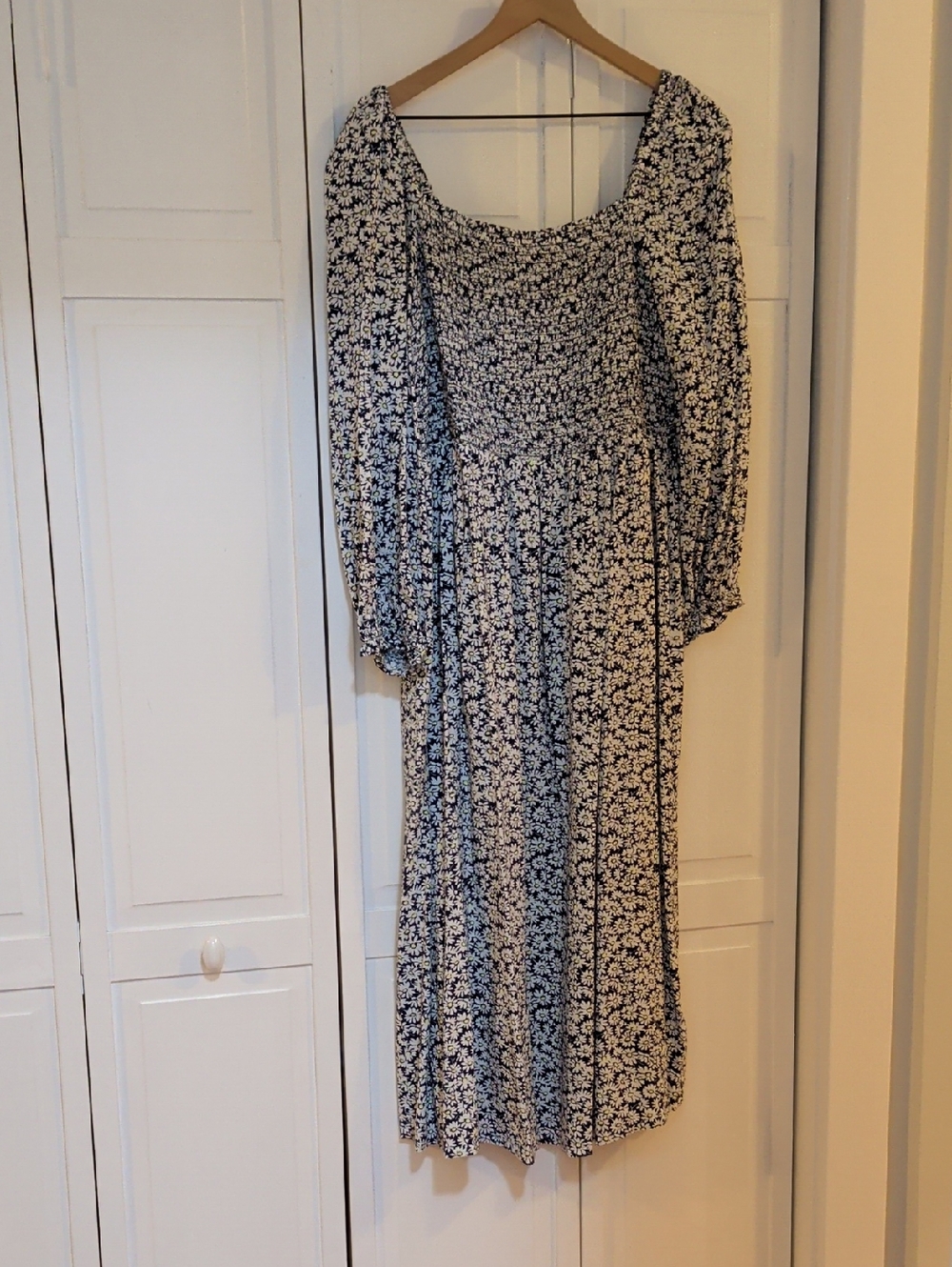 J. Crew Navy and White Floral Smocked Midi Dress Long Sleeve